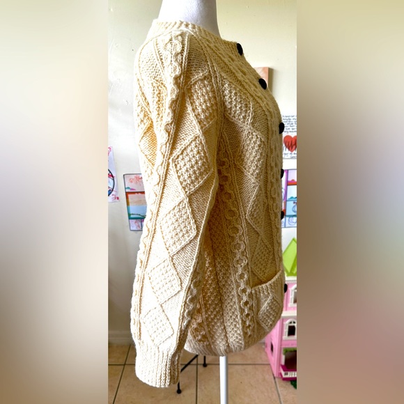 Bonner of Ireland Cream Hand Knit 100% Pure New Wool Cable Knit Chunky Cardigan - Picture 4 of 8